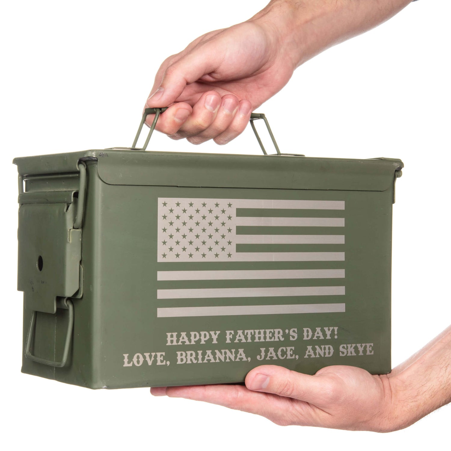 hands holding a U.S. Military Surplus .50 cal Ammo Box